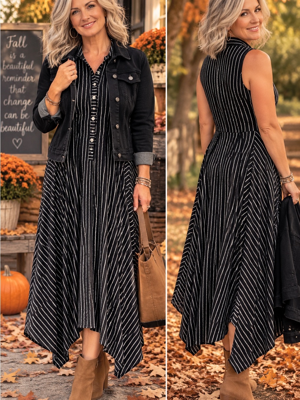 Gabby Skye Black and White Pinstripe Handkerchief-Hem Midi Dress